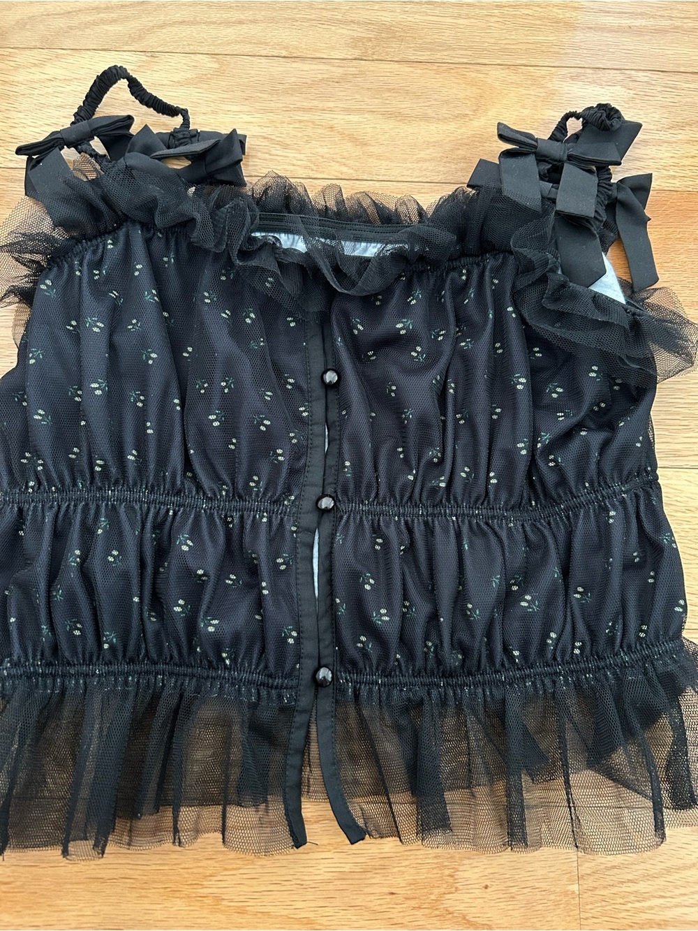 Sheer Ruffle Black Floral Tie-Shoulder Women’s Top